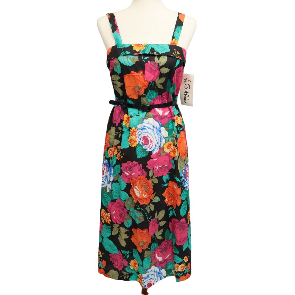 NWT VTG Via Sant Andrea Midi Dress 10 Rose Floral A Line Belted Colorful Retro